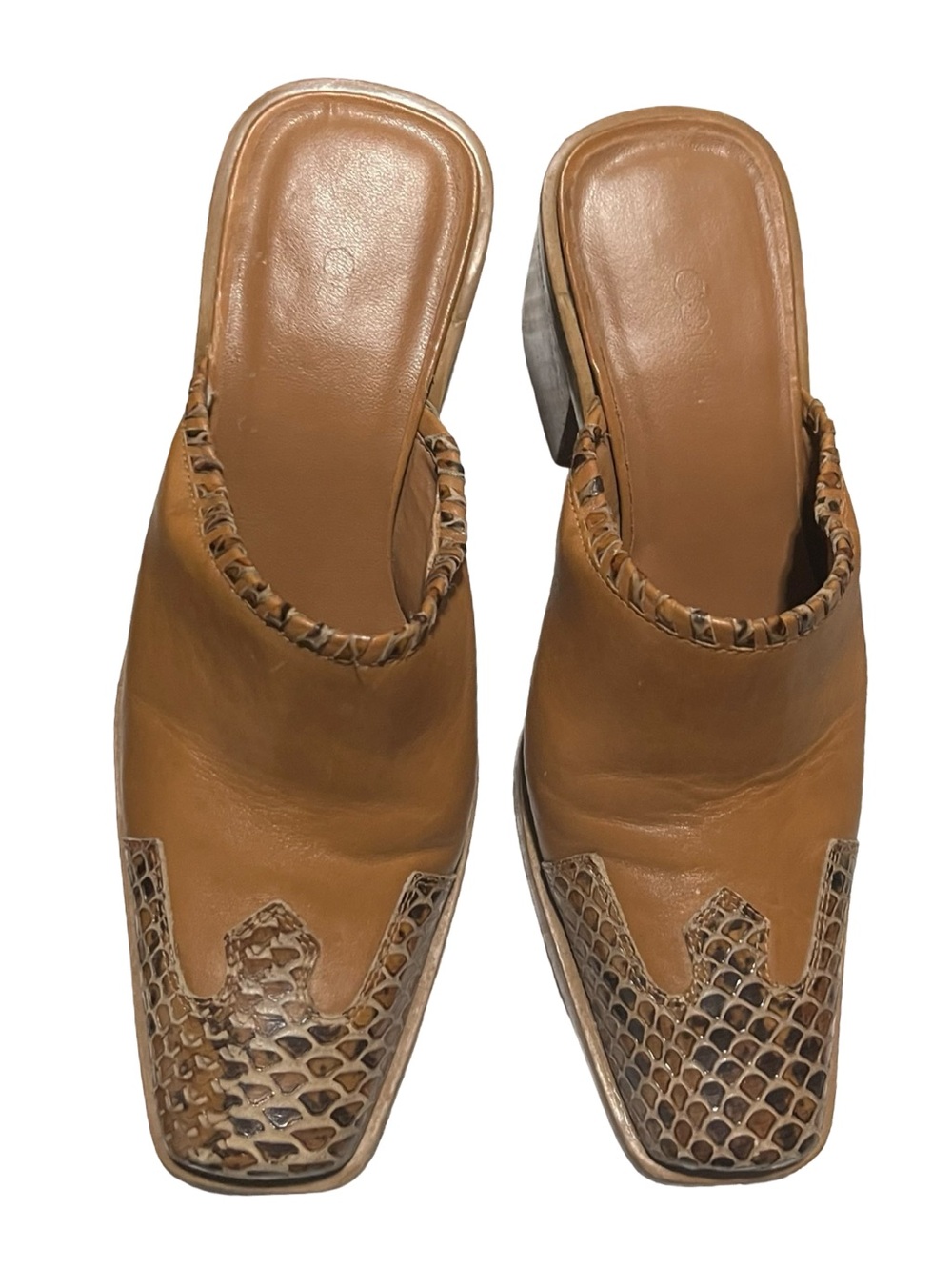 Vintage 90s Leather Square Toe Snakeskin Detail Mule Block Heel Chunky Wester